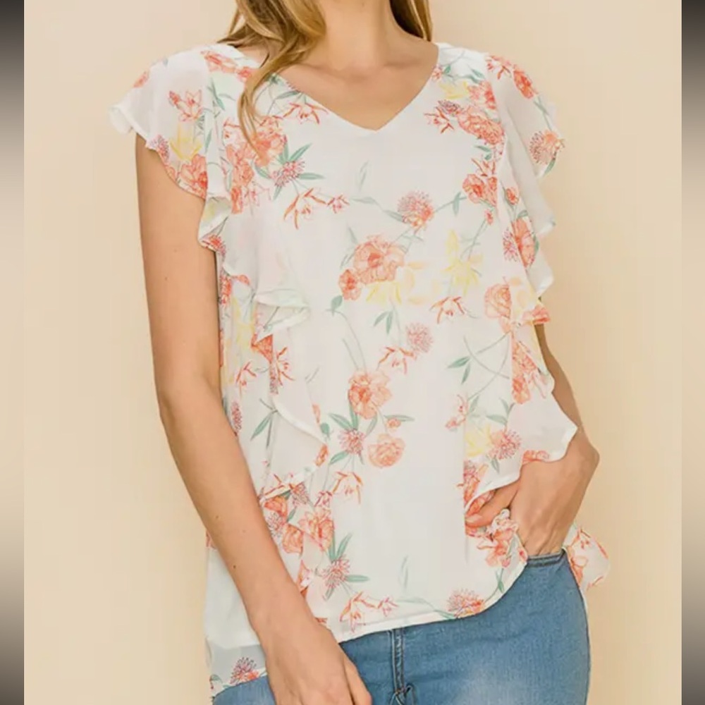 Floral Ruffle Sleeve Top - White and Pink